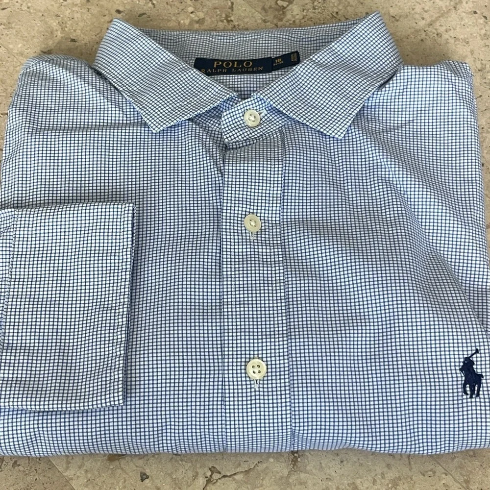 Polo Ralph Lauren Shirt Mens 18 34/35 Blue Check Button-Down Long Sleeve preppy